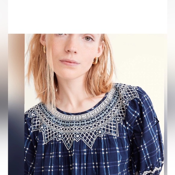 Madewell Embroidered Puff-Sleeve Babydoll Dress in Indigo Plaid Size XS - Picture 3 of 13